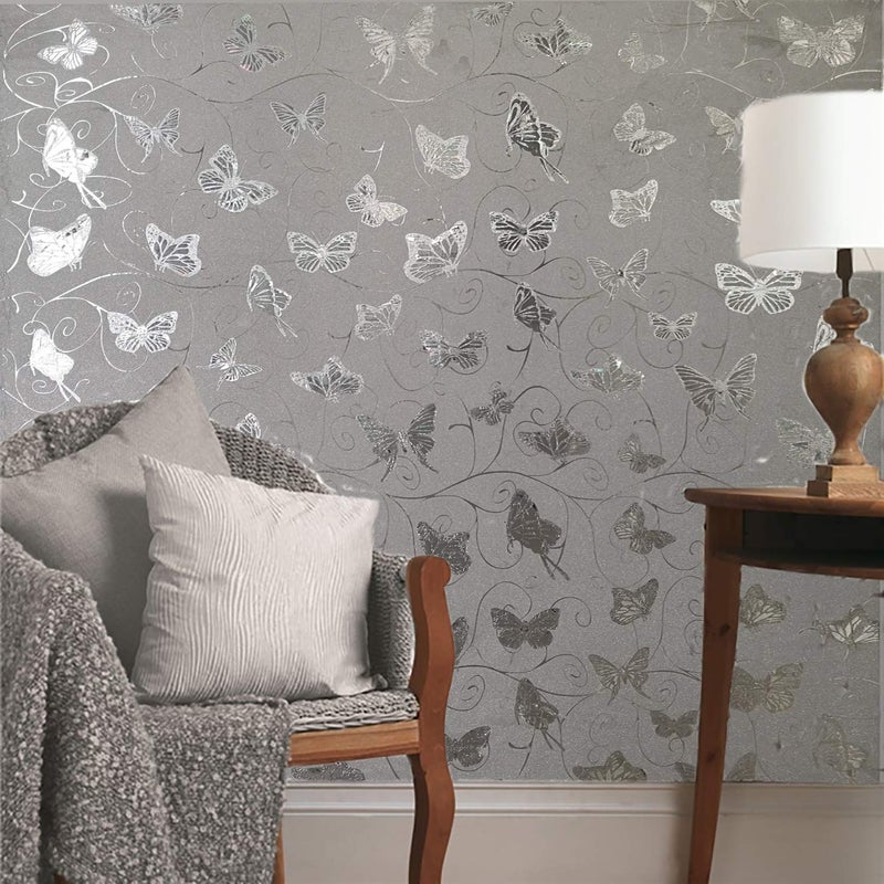 Dundee Deco AZ-G023 Animals Glitter Silver, Grey Butterflies, Vines Peel and Stick Self Adhesive Removable Wallpaper, Roll 18 ft. X 18 in. (5.5m X 45cm), 26.6 sq. ft. (2.5 sq. m) - Image 2